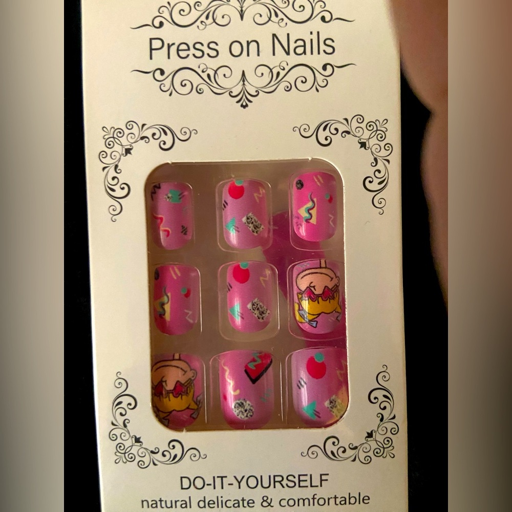Pink Press-On Nail Set with Cute Cartoon Design